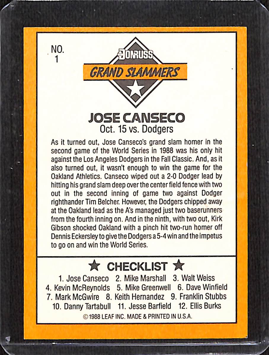 FIINR Baseball Card 1988 Donruss Grand Slammers Jose Canseco MLB Baseball Card #1 - Mint Condition