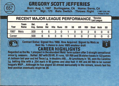 FIINR Baseball Card 1988 Donruss Gregg Jefferies Vintage MLB Baseball Rookie Card #657 - Rookie Card - Mint Condition