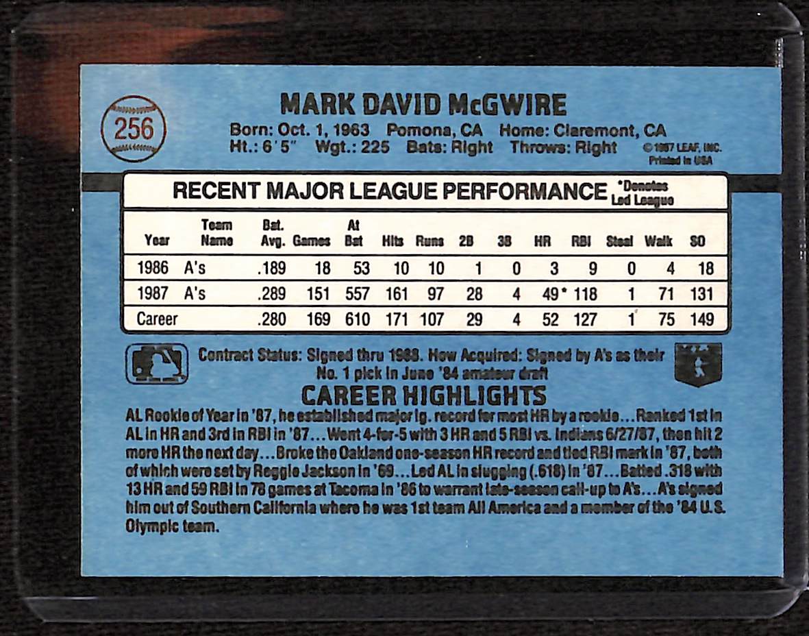 FIINR Baseball Card 1988 Donruss Mark McGwire Baseball Card #256 - Mint Condition