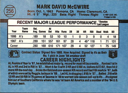 FIINR Baseball Card 1988 Donruss Mark McGwire Baseball Card #256 - Mint Condition