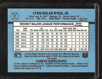 FIINR Baseball Card 1988 Donruss Nolan Ryan Baseball Card Astros #61 - Mint Condition