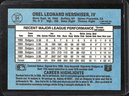 FIINR Baseball Card 1988 Donruss Orel Hershiser Vintage Baseball Card #94 - Mint Condition