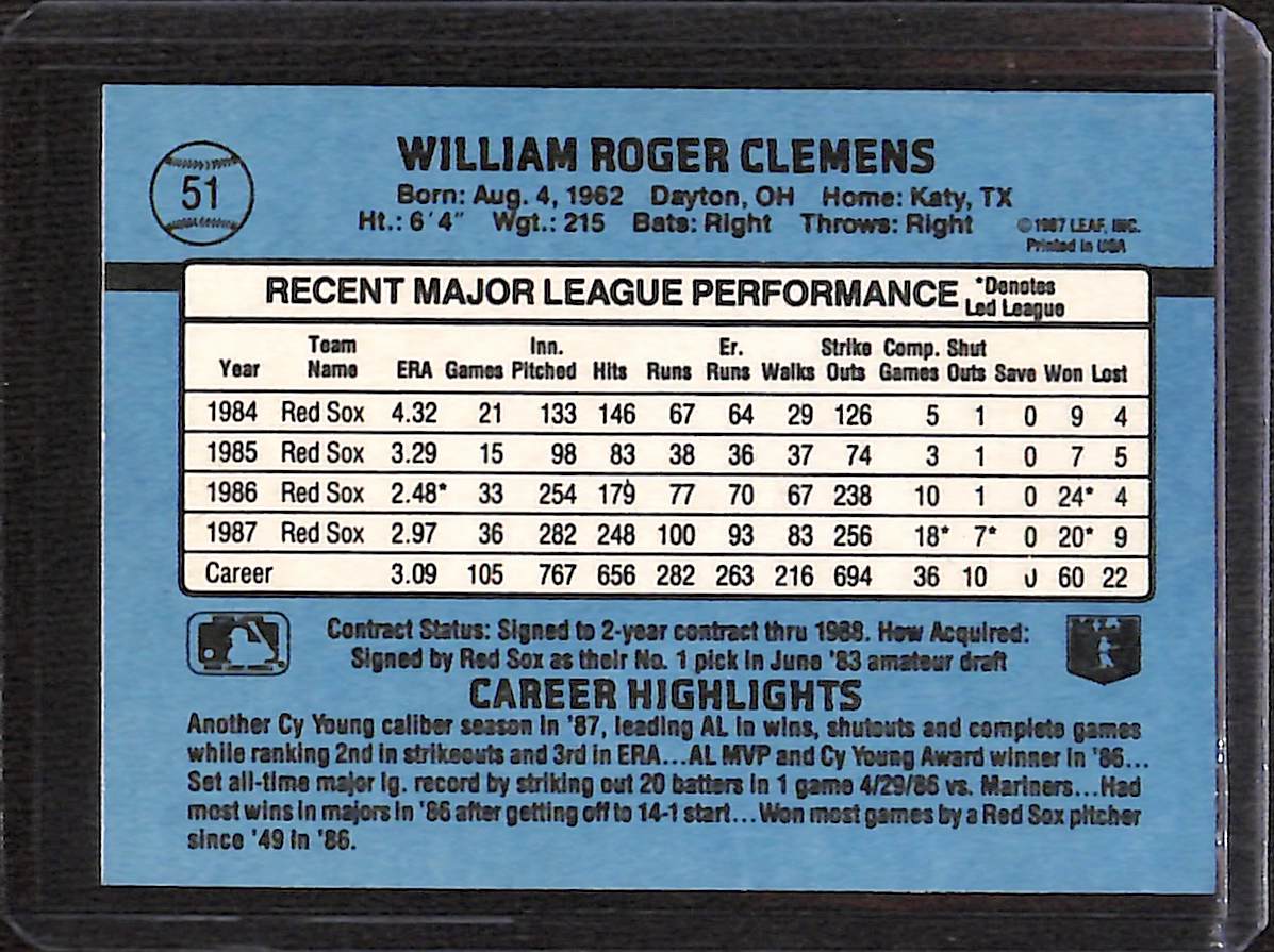 FIINR Baseball Card 1988 Donruss Roger Clemens Vintage Baseball Card #51 - Mint Condition
