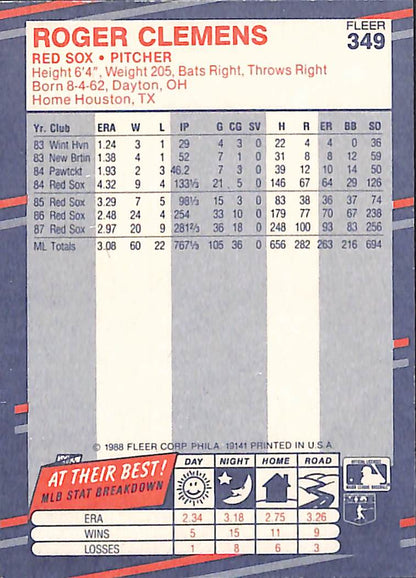 FIINR Baseball Card 1988 Fleer Vintage Roger Clemens MLB Baseball Card #349 - Mint Condition