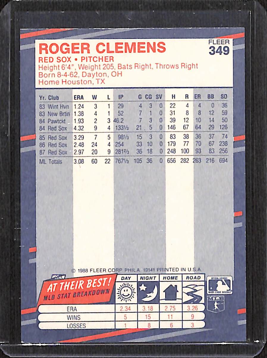 FIINR Baseball Card 1988 Fleer Vintage Roger Clemens MLB Baseball Card #349 - Mint Condition