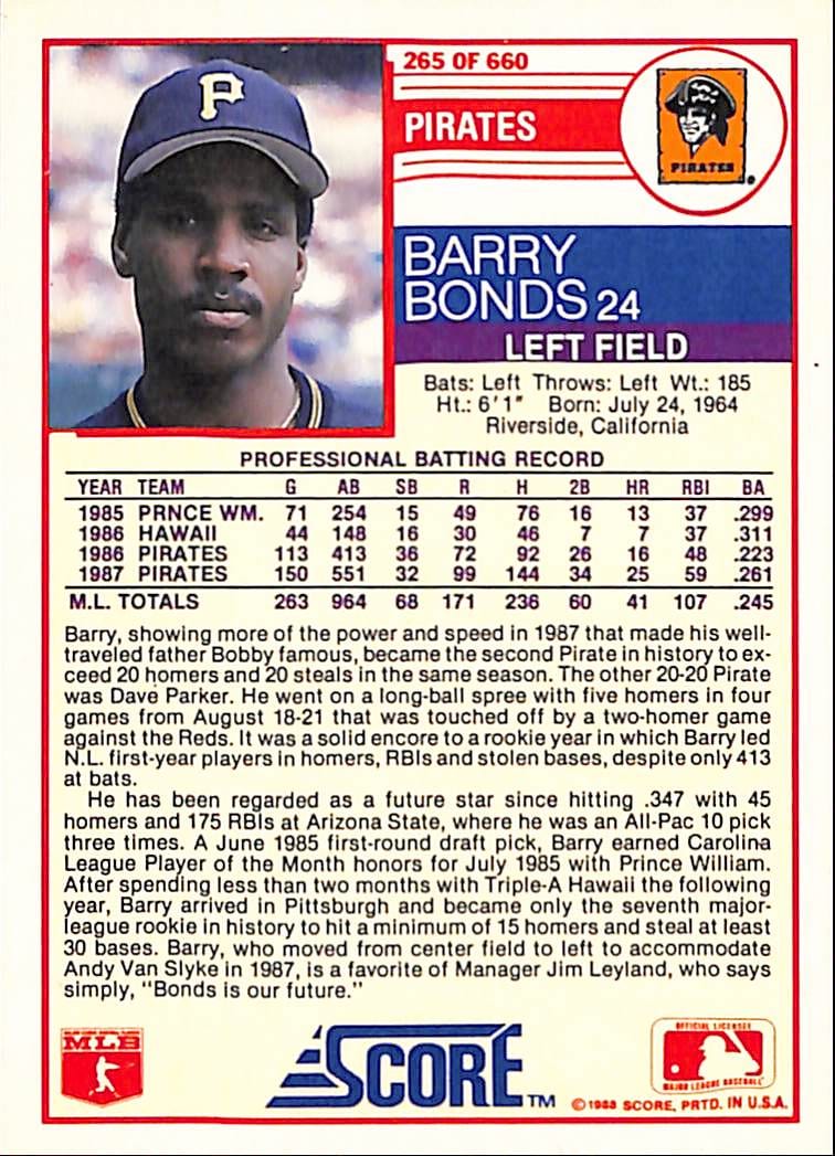 FIINR Baseball Card 1988 Score Barry Bonds Baseball Card #265 - Mint Condition