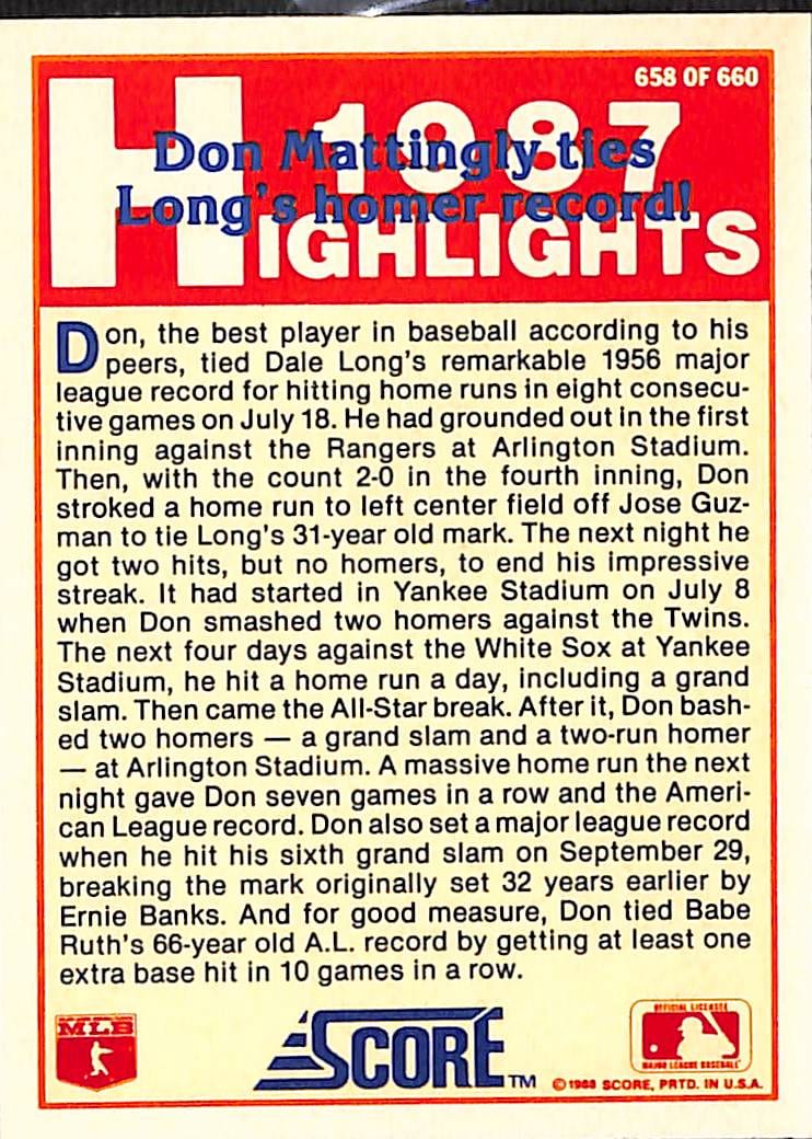 FIINR Baseball Card 1988 Score Don Mattingly 1987 Highlights MLB Baseball Card #658 - Mint Condition