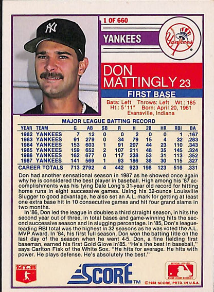 FIINR Baseball Card 1988 Score Don Mattingly MLB Baseball Card #1 - Mint Condition