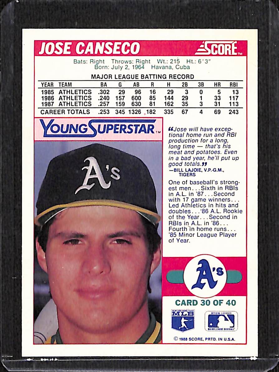 FIINR Baseball Card 1988 Score Jose Canseco MLB Baseball Card #30 - Mint Condition