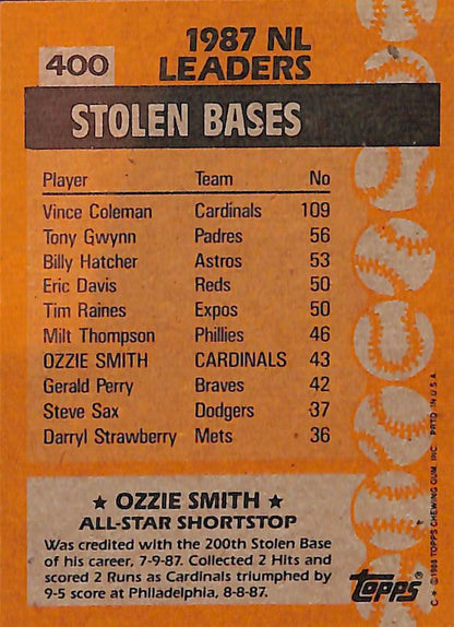 FIINR Baseball Card 1988 Topps All Star Ozzie Smith Vintage Baseball Card #400 - Mint Condition