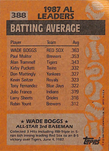 FIINR Baseball Card 1988 Topps All-Star Wade Boggs All-Star Baseball Card #388 - Mint Condition