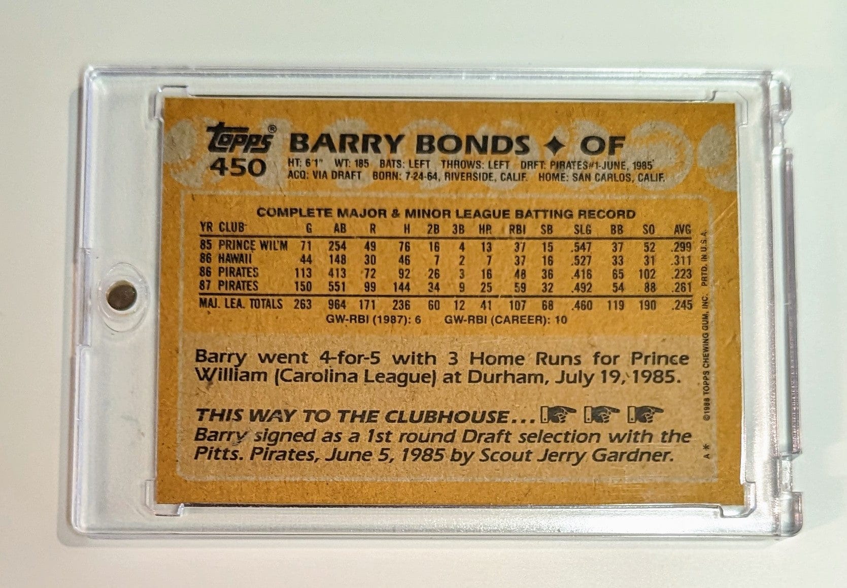FIINR Baseball Card 1988 Topps Barry Bonds Baseball Card #450 - Mint Condition