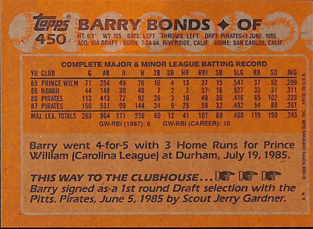 FIINR Baseball Card 1988 Topps Barry Bonds Baseball Card #450 - Mint Condition