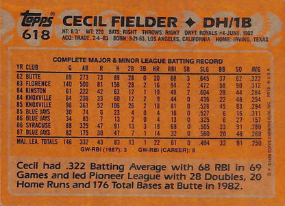 FIINR Baseball Card 1988 Topps Cecil Fielder Vintage MLB Baseball Card #618 - Mint Condition