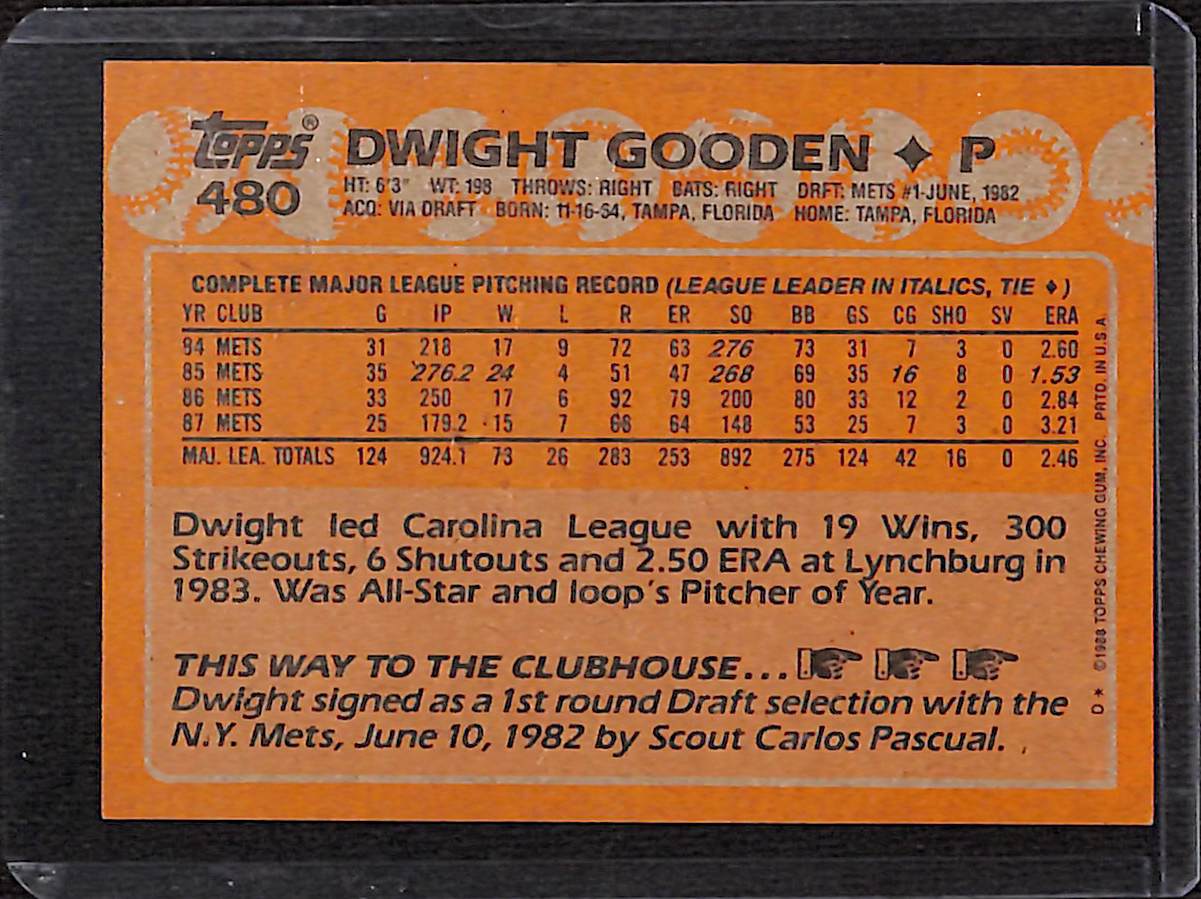 FIINR Baseball Card 1988 Topps Dwight Gooden MLB Vintage Baseball Card #480 - Mint Condition