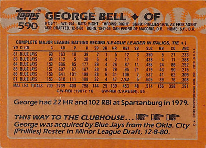 FIINR Baseball Card 1988 Topps George Bell MLB Vintage Baseball Player Card #590 - Mint Condition