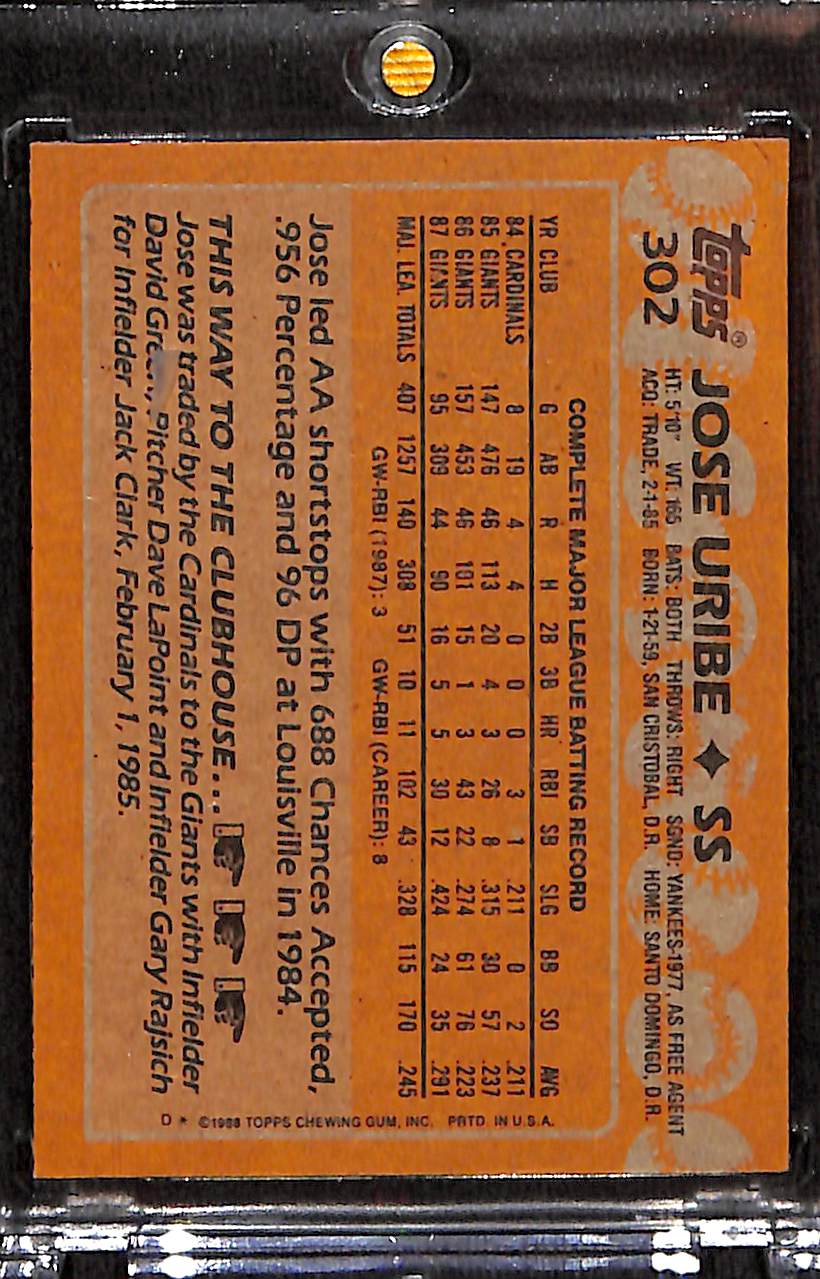 FIINR Baseball Card 1988 Topps Jose Uribe Error Baseball Card #302 - Error Card - Mint Condition