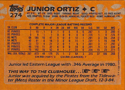 FIINR Baseball Card 1988 Topps Junior Ortiz Vintage MLB Baseball Card #274 - Mint Condition