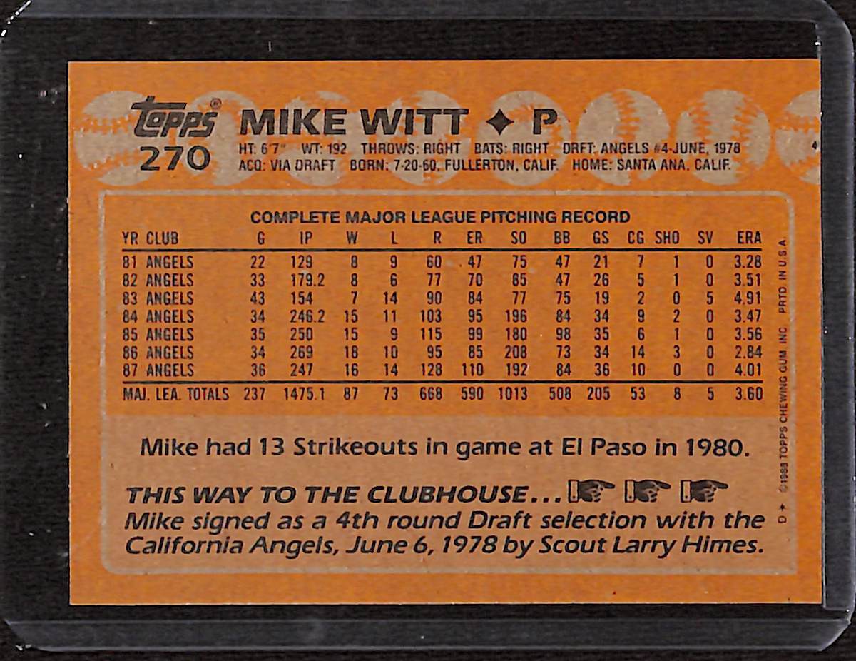FIINR Baseball Card 1988 Topps Mike Witt Vintage MLB Baseball Card #270 - Mint Condition