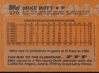 FIINR Baseball Card 1988 Topps Mike Witt Vintage MLB Baseball Card #270 - Mint Condition