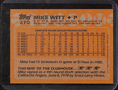 FIINR Baseball Card 1988 Topps Mike Witt Vintage MLB Baseball Card #270 - Mint Condition