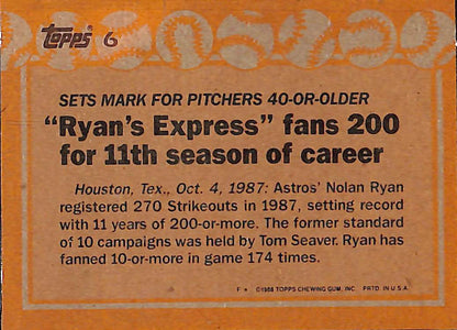 FIINR Baseball Card 1988 Topps Nolan Ryan Record Breaker Vintage Baseball Card #6 - Mint Condition