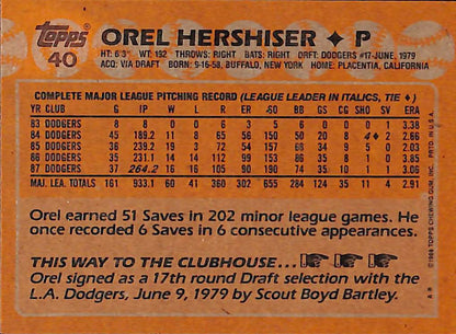 FIINR Baseball Card 1988 Topps Orel Hershiser Rookie Baseball Card #40 - Rookie Card - Mint Condition