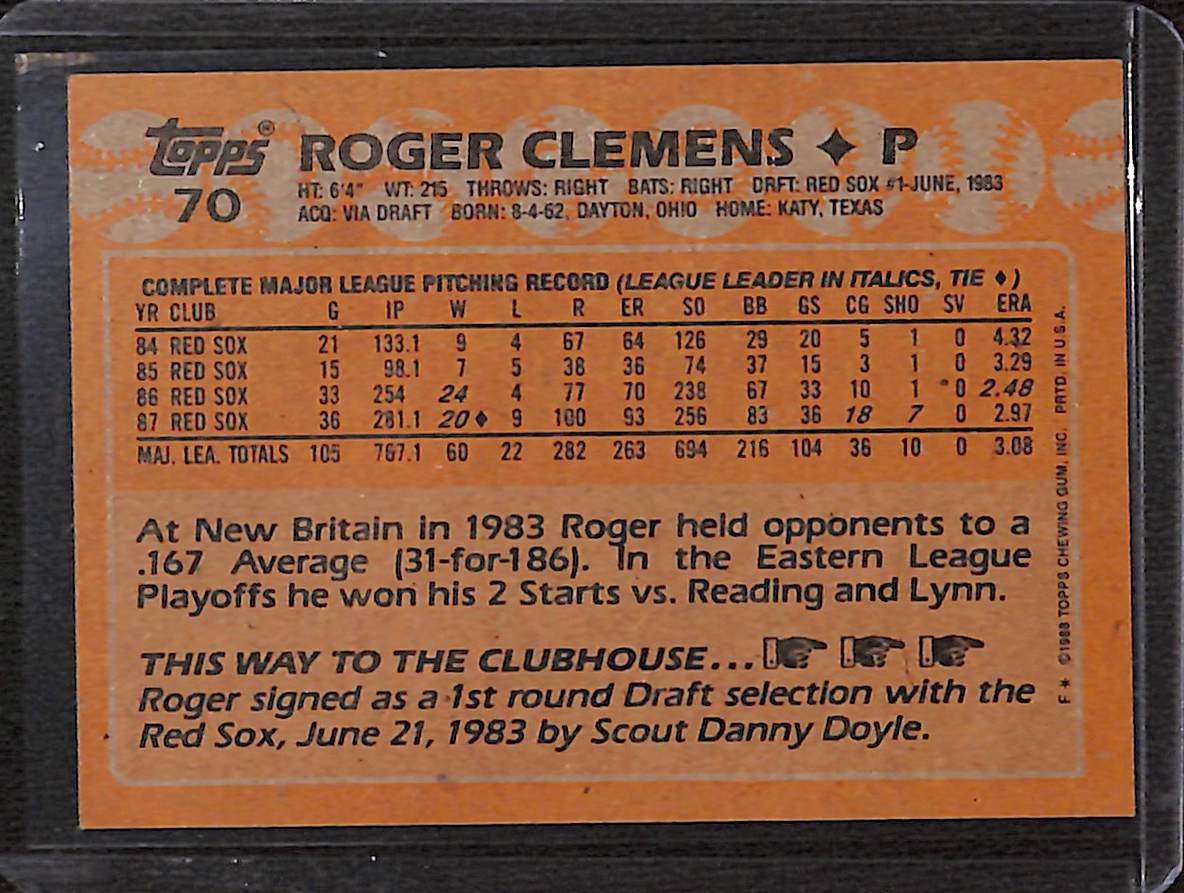 FIINR Baseball Card 1988 Topps Roger Clemens Vintage Baseball Card #70 - Mint Condition