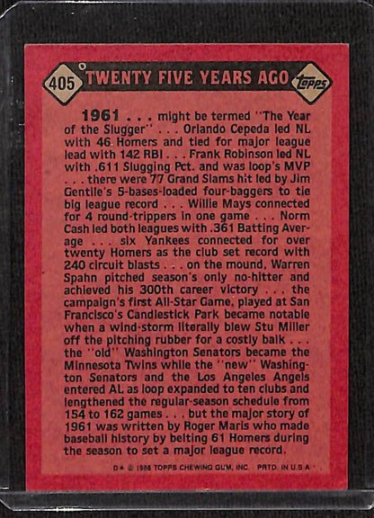 FIINR Baseball Card 1988 Topps Roger Maris Turn Back The Clock Baseball Card #405 - Mint Condition