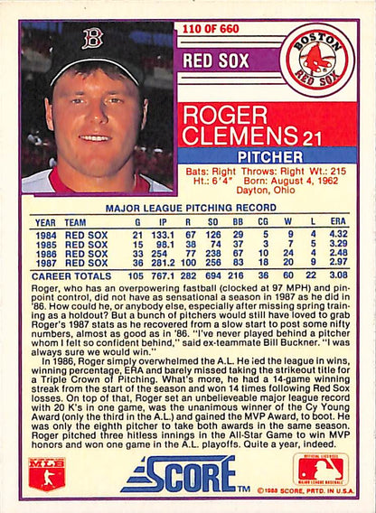 FIINR Baseball Card 1988 Vintage Score Roger Clemens Baseball Card #110  - Mint Condition