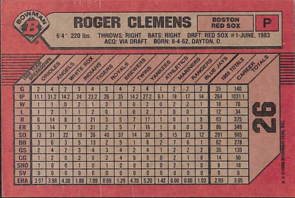 FIINR Baseball Card 1989 Bowman Roger Clemens Vintage Baseball Card #26 - Mint Condition