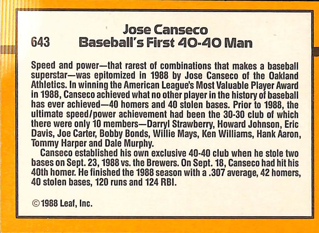 FIINR Baseball Card 1989 Donruss 40/40 Club Jose Canseco Baseball Card #643 - Mint Condition