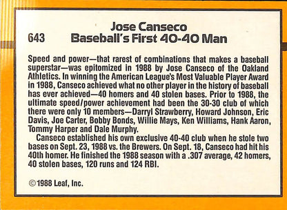 FIINR Baseball Card 1989 Donruss 40/40 Club Jose Canseco Baseball Card #643 - Mint Condition