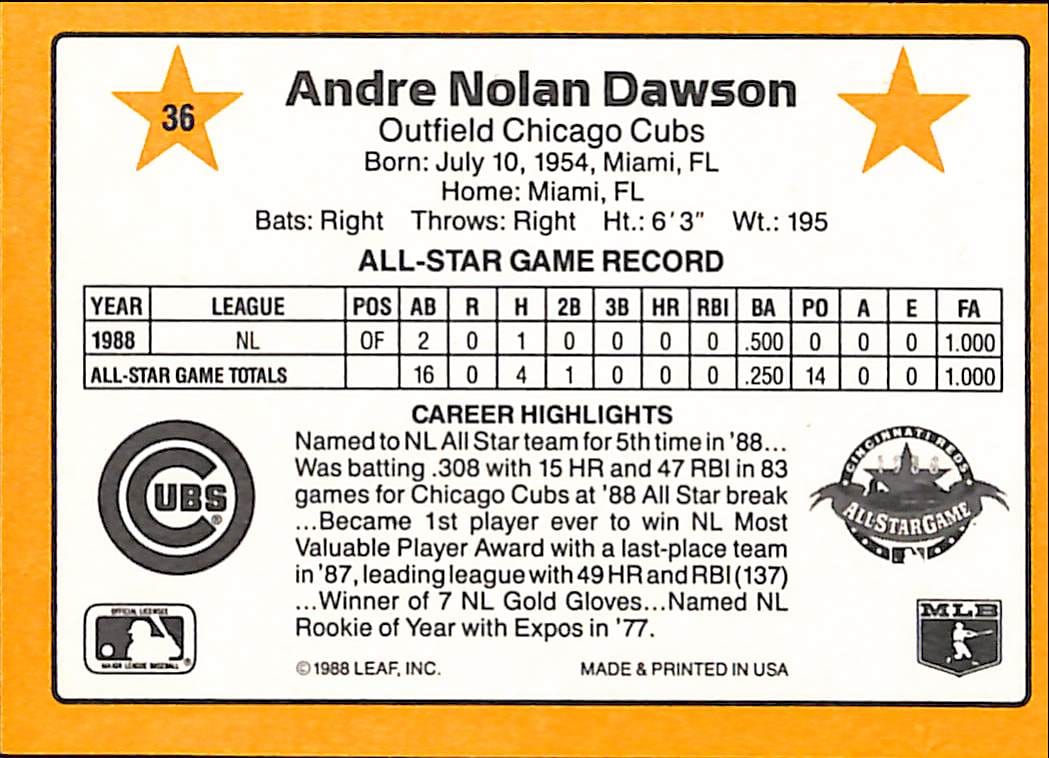 FIINR Baseball Card 1989 Donruss All Stars Andre Dawson Vintage Baseball Card #36 - Mint Condition