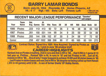 FIINR Baseball Card 1989 Donruss Barry Bonds Baseball Card #92 - Mint Condition