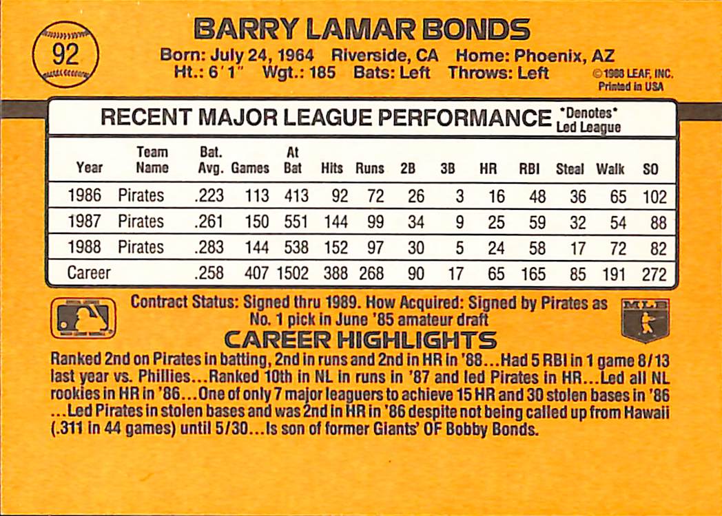 FIINR Baseball Card 1989 Donruss Barry Bonds Baseball Card #92 - Mint Condition