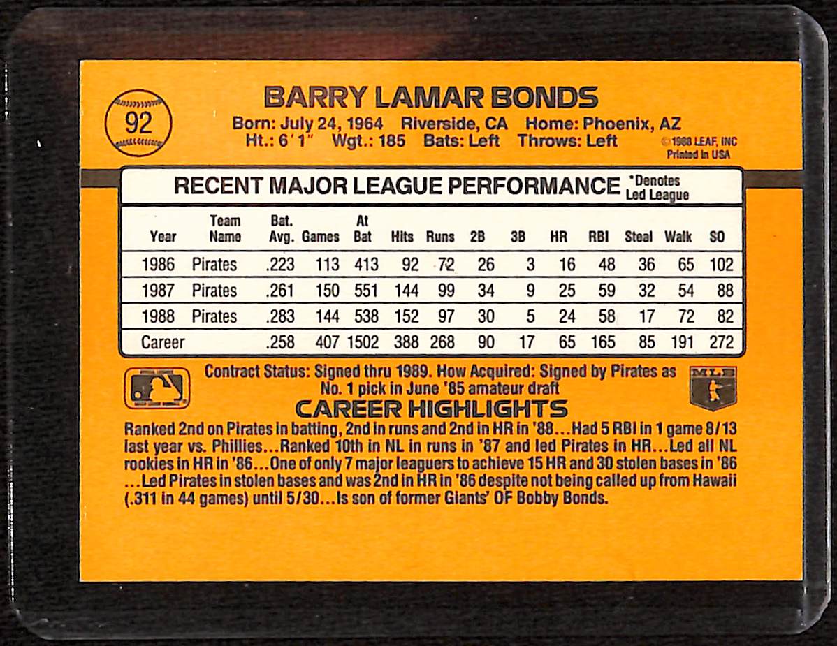 FIINR Baseball Card 1989 Donruss Barry Bonds Baseball Error Card #92 - Error Card - Mint Condition