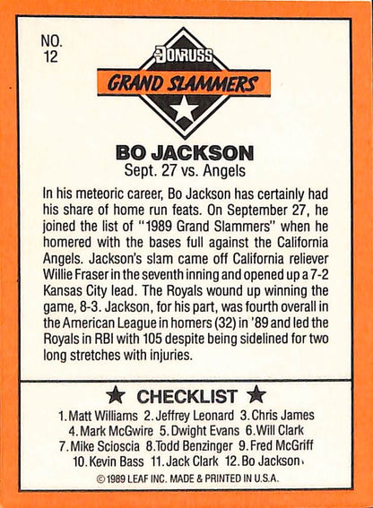 FIINR Baseball Card 1989 Donruss Bo Jackson Baseball Card Royals Grand Slammers #12 - Mint Condition