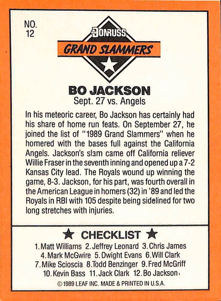 FIINR Baseball Card 1989 Donruss Bo Jackson Baseball Card Royals Grand Slammers #12 - Mint Condition