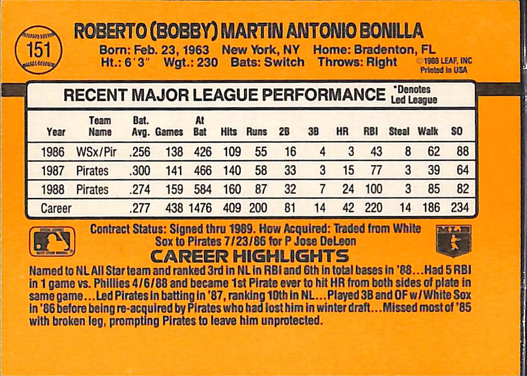 FIINR Baseball Card 1989 Donruss Bobby Bonilla Baseball Error Card #151 - Error Card - Mint Condition