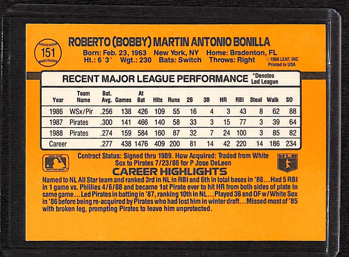 FIINR Baseball Card 1989 Donruss Bobby Bonilla Baseball Error Card #151 - Error Card - Mint Condition