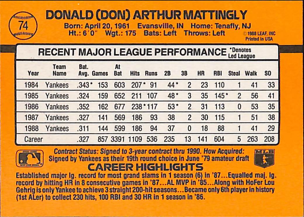 FIINR Baseball Card 1989 Donruss Don Mattingly Baseball Error Card #74 - Error Card - Mint Condition