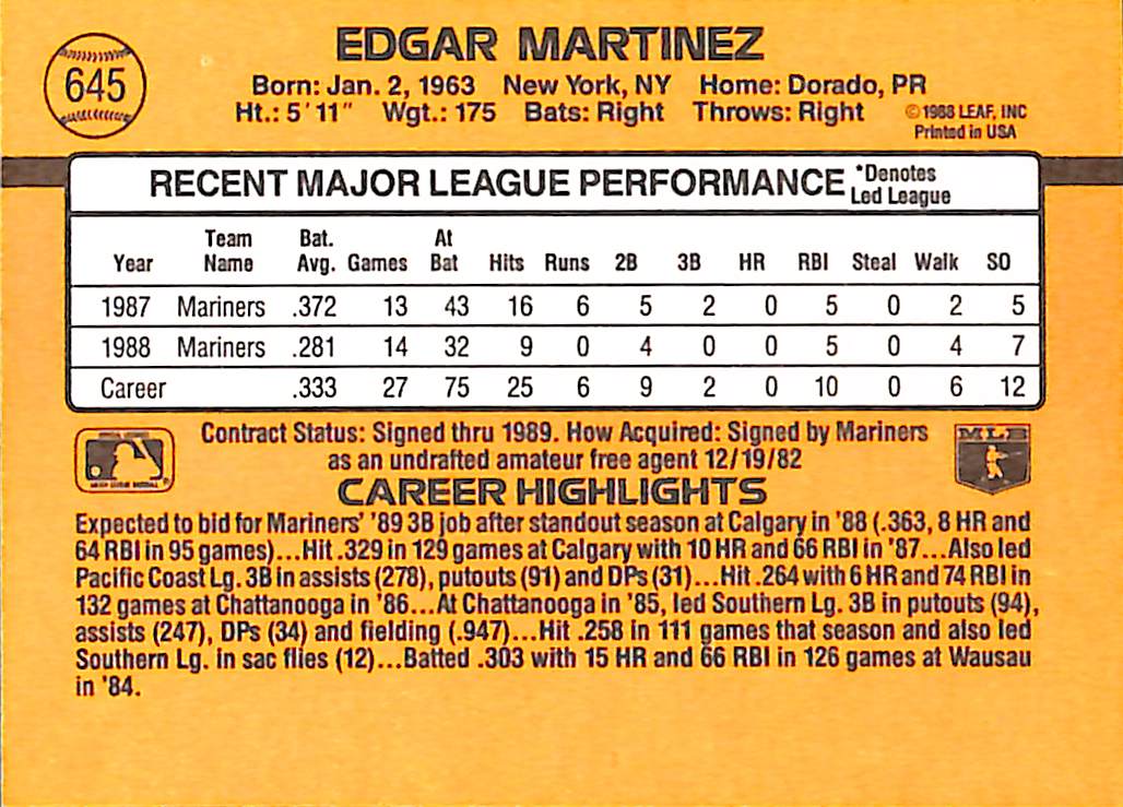FIINR Baseball Card 1989 Donruss Edgar Martinez MLB Baseball Error Card #645 - Error Card - Mint Condition