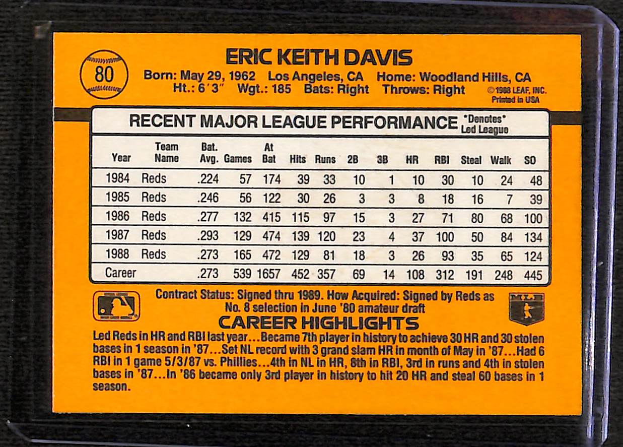FIINR Baseball Card 1989 Donruss Eric Davis Vintage MLB Baseball Card #80 - Mint Condition