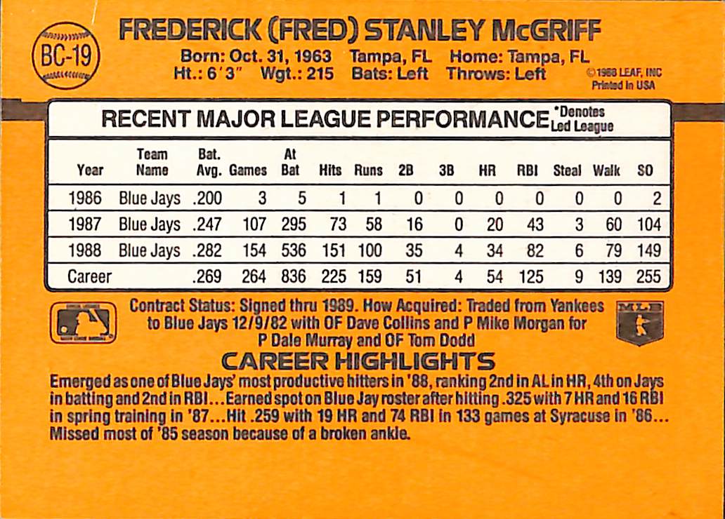 FIINR Baseball Card 1989 Donruss Fred McGriff Baseball Error Card #BC-19 - Error Card - Mint Condition