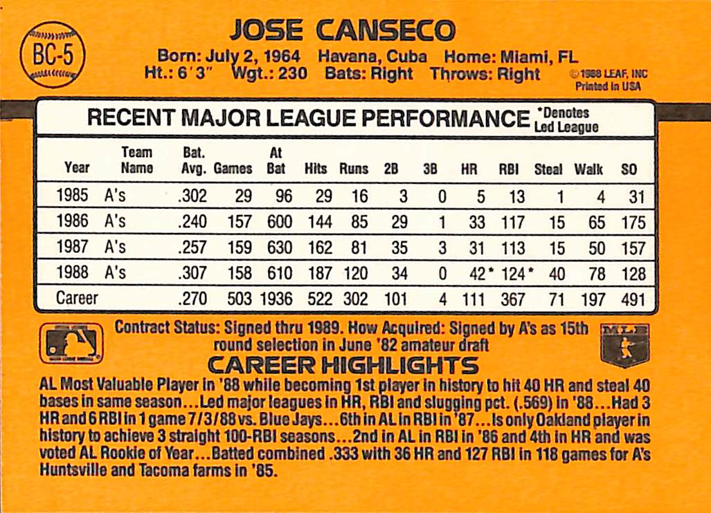 FIINR Baseball Card 1989 Donruss Jose Canseco MLB Baseball Error Card #BC-5 -Error Card - Mint Condition