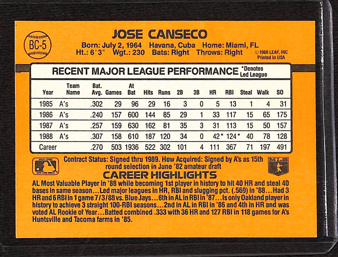 FIINR Baseball Card 1989 Donruss Jose Canseco MLB Baseball Error Card #BC-5 -Error Card - Mint Condition