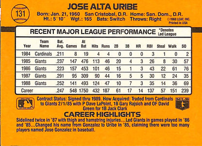 FIINR Baseball Card 1989 Donruss Jose Uribe Baseball Error Card #131 - Error Card - Mint Condition