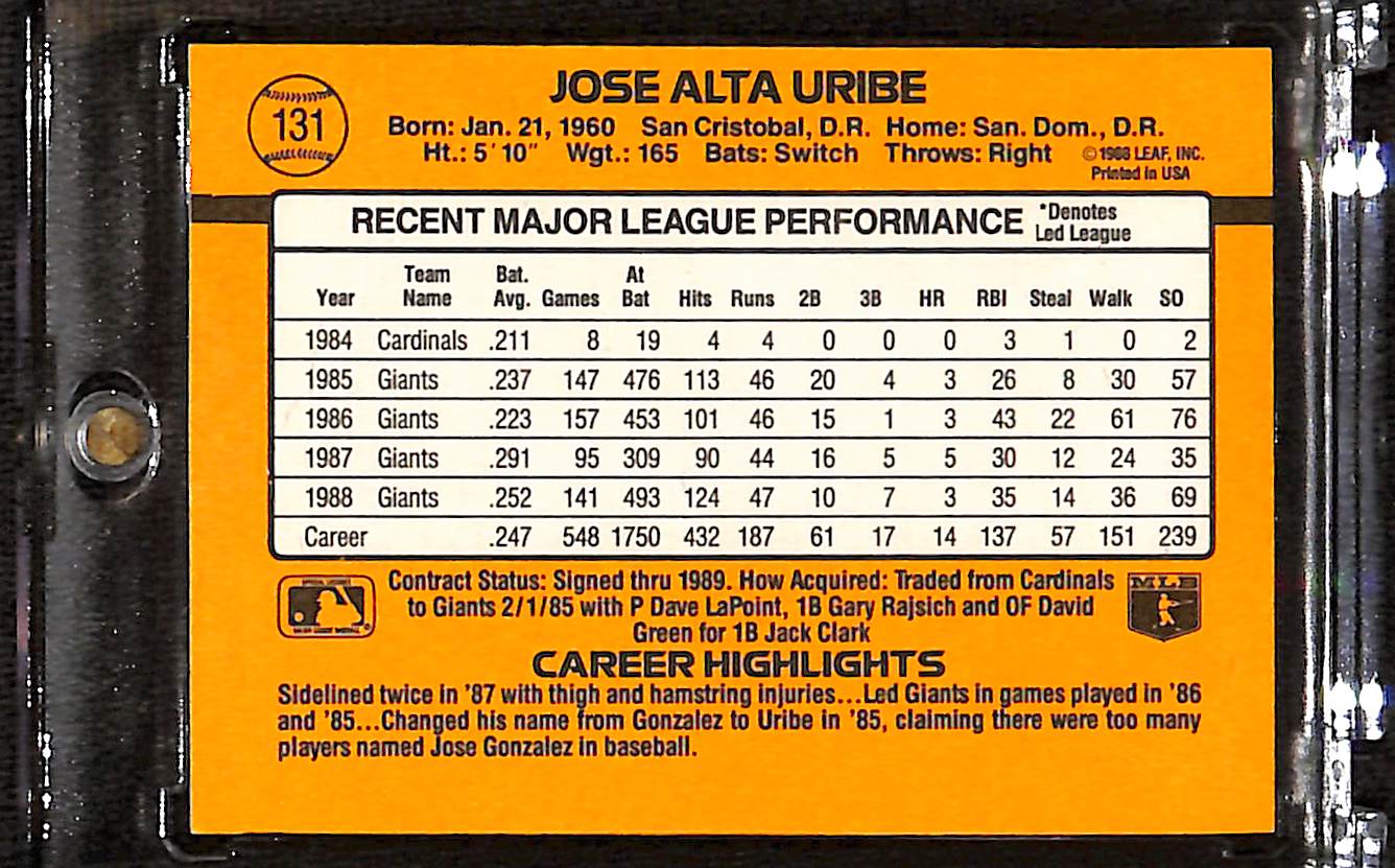 FIINR Baseball Card 1989 Donruss Jose Uribe Baseball Error Card #131 - Error Card - Mint Condition