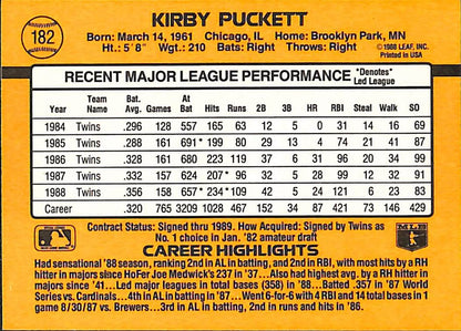 FIINR Baseball Card 1989 Donruss Kirby Puckett MLB Baseball Error Card #182 - Error Card - Mint Condition